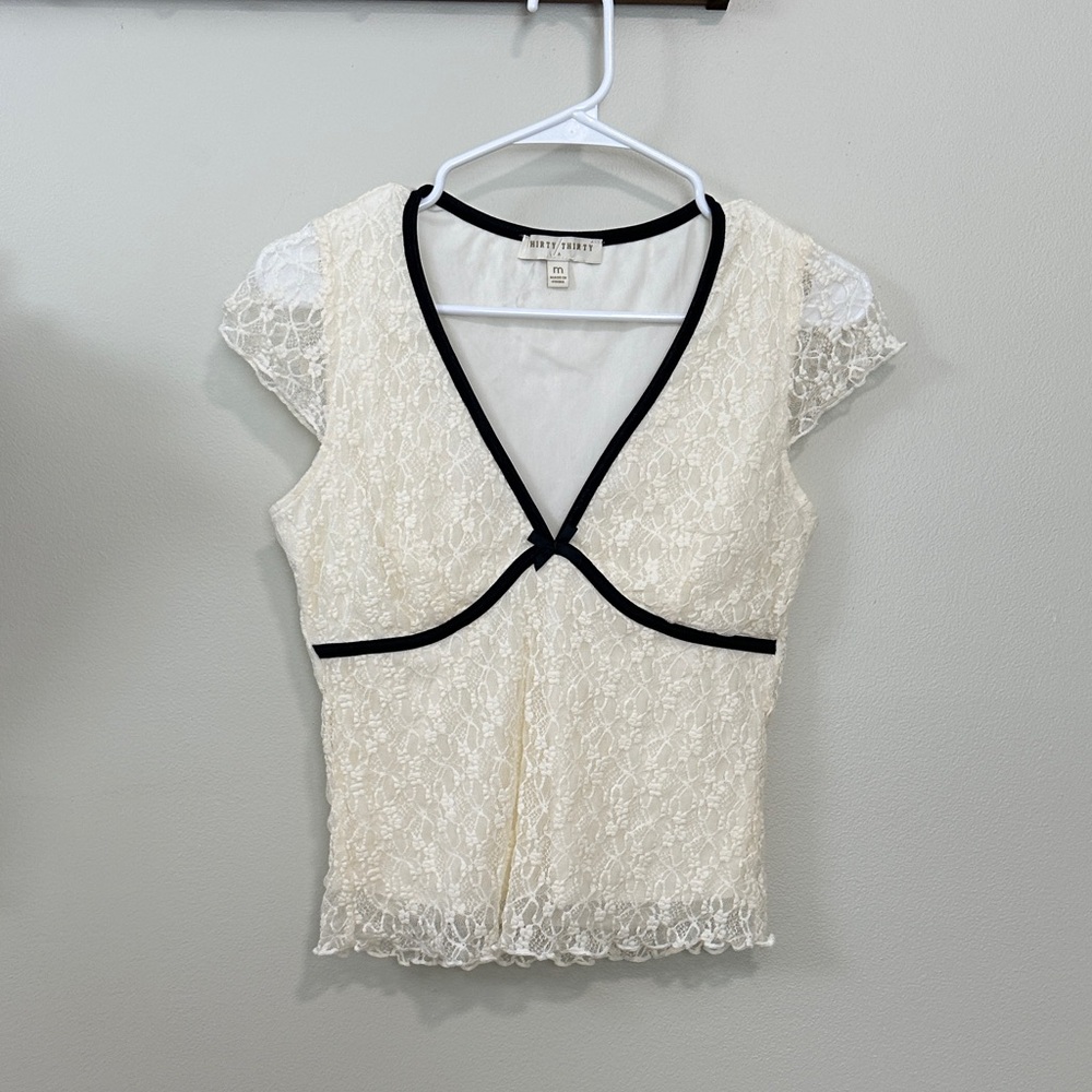 Cream Lace Cap Sleeve Top with Black Trim